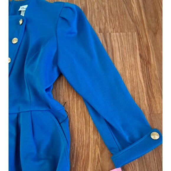 Vintage NEW Darian Dress TEAL Blue Knit 1980s Career Gold Button Pockets 18 - Picture 8 of 11